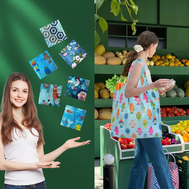 Alt view image 5 of 5 - Foldable Reusable Shopping Bags,6 Pack Heavy Duty Tote for Grocery | Lightweight Polyester, machine washable. Compact fold fits in purse. Sturdy 50lb capacity. Great for groceries&travel,Beach
