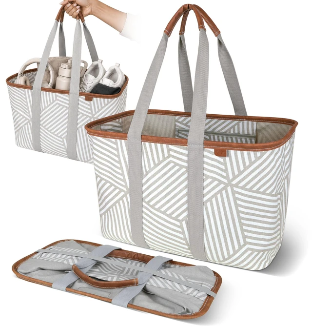 Main image of Collapsible Canvas Tote Bag, 8 Gal, Geometric Taupe | Pack It All Without the Floppy-Bag Fight | Steel Rim Stays Open, Soft Grips Carry 30 lb, and Tote Folds to 1.5 Inches