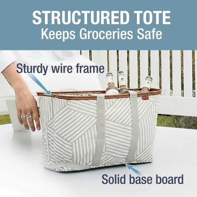 Alt view image 2 of 7 - Collapsible Canvas Tote Bag, 8 Gal, Geometric Taupe | Pack It All Without the Floppy-Bag Fight | Steel Rim Stays Open, Soft Grips Carry 30 lb, and Tote Folds to 1.5 Inches