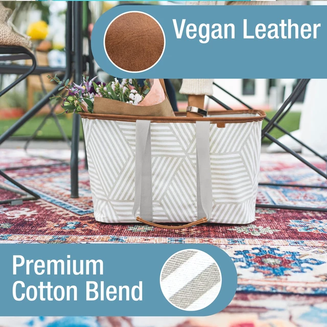 Alt view image 4 of 7 - Collapsible Canvas Tote Bag, 8 Gal, Geometric Taupe | Pack It All Without the Floppy-Bag Fight | Steel Rim Stays Open, Soft Grips Carry 30 lb, and Tote Folds to 1.5 Inches