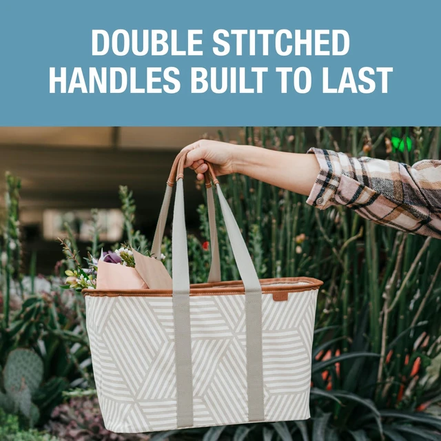 Alt view image 6 of 7 - Collapsible Canvas Tote Bag, 8 Gal, Geometric Taupe | Pack It All Without the Floppy-Bag Fight | Steel Rim Stays Open, Soft Grips Carry 30 lb, and Tote Folds to 1.5 Inches