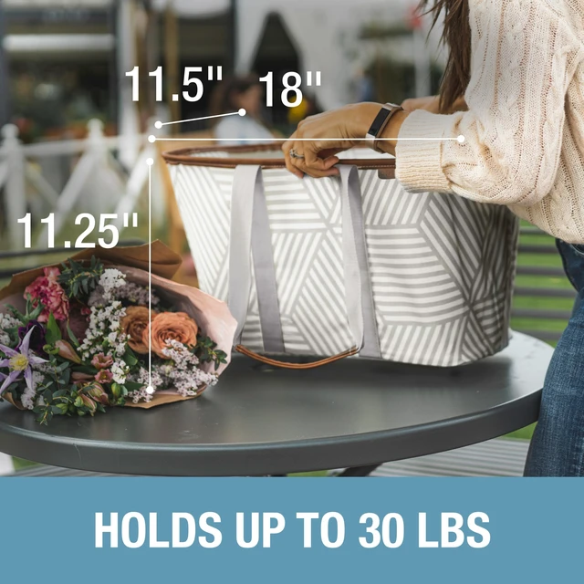 Alt view image 5 of 7 - Collapsible Canvas Tote Bag, 8 Gal, Geometric Taupe | Pack It All Without the Floppy-Bag Fight | Steel Rim Stays Open, Soft Grips Carry 30 lb, and Tote Folds to 1.5 Inches