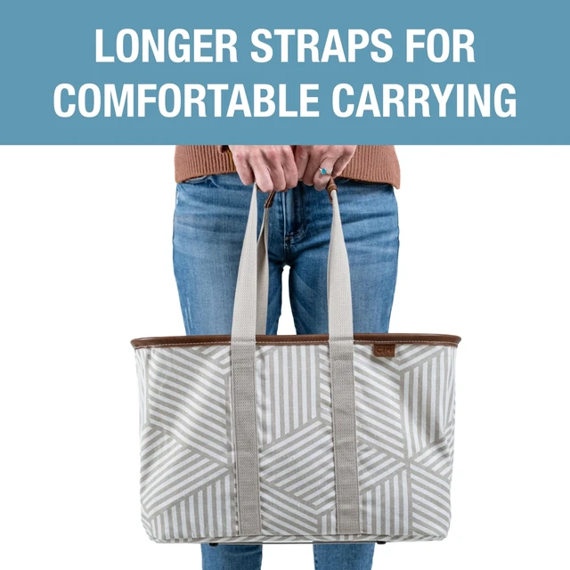 Alt view image 7 of 7 - Collapsible Canvas Tote Bag, 8 Gal, Geometric Taupe | Pack It All Without the Floppy-Bag Fight | Steel Rim Stays Open, Soft Grips Carry 30 lb, and Tote Folds to 1.5 Inches