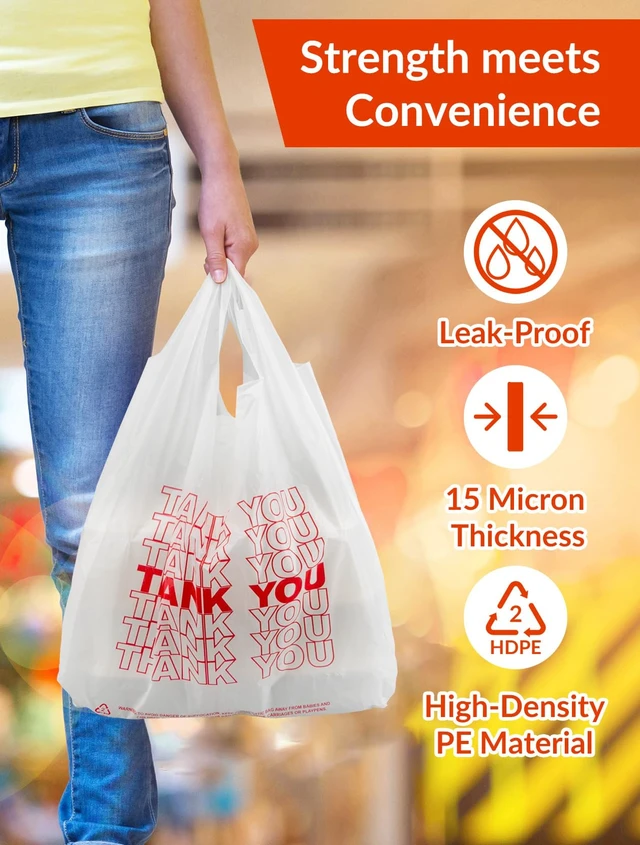 Alt view image 4 of 7 - 300 Count Thank You Bags, 12 x 6 x 22 in, White Grocery Bags | Reliable Carryout and Shopping Bags with Reinforced Handles for Retail, Grocery, Restaurant and Takeout Use