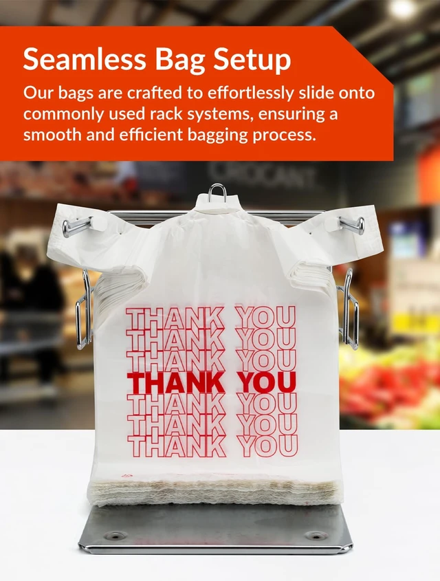 Alt view image 6 of 7 - 300 Count Thank You Bags, 12 x 6 x 22 in, White Grocery Bags | Reliable Carryout and Shopping Bags with Reinforced Handles for Retail, Grocery, Restaurant and Takeout Use