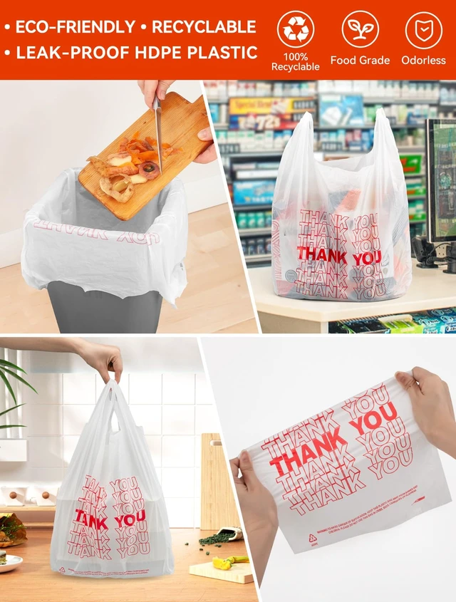 Alt view image 7 of 7 - 300 Count Thank You Bags, 12 x 6 x 22 in, White Grocery Bags | Reliable Carryout and Shopping Bags with Reinforced Handles for Retail, Grocery, Restaurant and Takeout Use