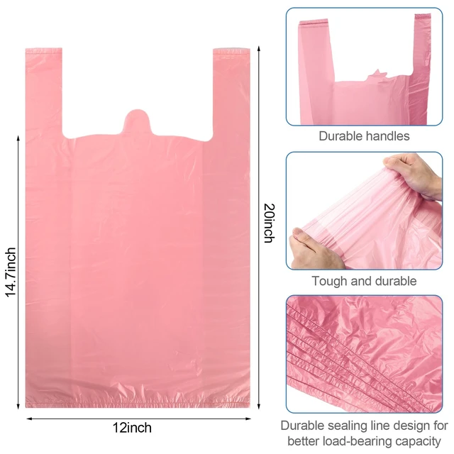 Alt view image 2 of 6 - 300 Pcs 300 Pcs T Shirt Bags Bulk Plastic Bags with Handles, Pink | Retail Shopping Grocery Bags, 12 x 20 Inch for Small Business, Supermarket, Restaurant