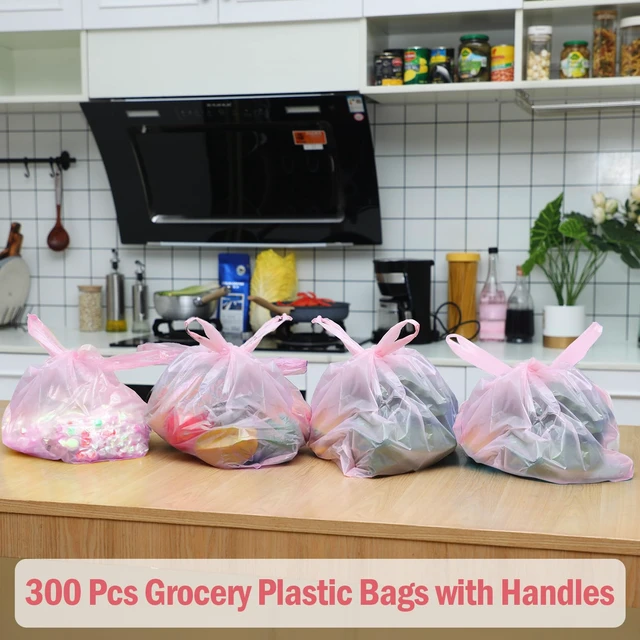 Alt view image 3 of 6 - 300 Pcs 300 Pcs T Shirt Bags Bulk Plastic Bags with Handles, Pink | Retail Shopping Grocery Bags, 12 x 20 Inch for Small Business, Supermarket, Restaurant