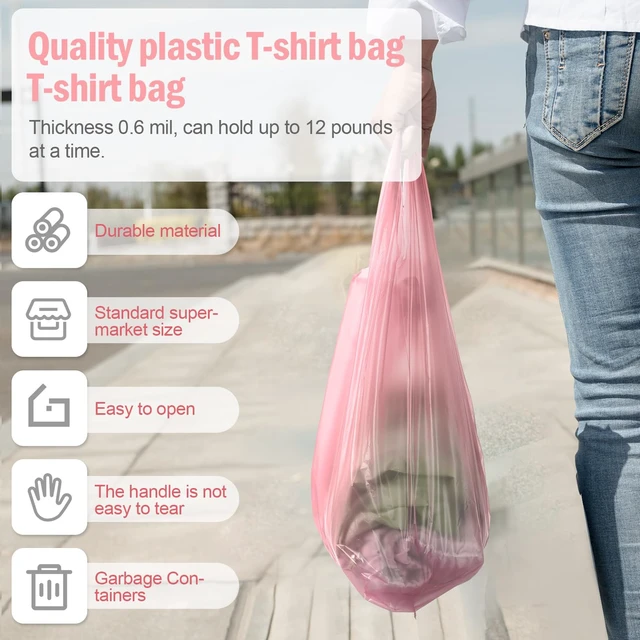 Alt view image 4 of 6 - 300 Pcs 300 Pcs T Shirt Bags Bulk Plastic Bags with Handles, Pink | Retail Shopping Grocery Bags, 12 x 20 Inch for Small Business, Supermarket, Restaurant