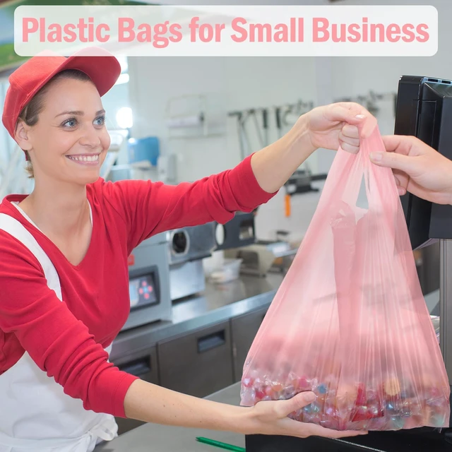 Alt view image 5 of 6 - 300 Pcs 300 Pcs T Shirt Bags Bulk Plastic Bags with Handles, Pink | Retail Shopping Grocery Bags, 12 x 20 Inch for Small Business, Supermarket, Restaurant