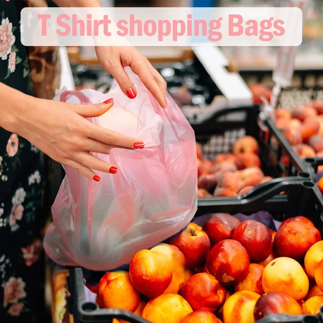 Alt view image 6 of 6 - 300 Pcs 300 Pcs T Shirt Bags Bulk Plastic Bags with Handles, Pink | Retail Shopping Grocery Bags, 12 x 20 Inch for Small Business, Supermarket, Restaurant