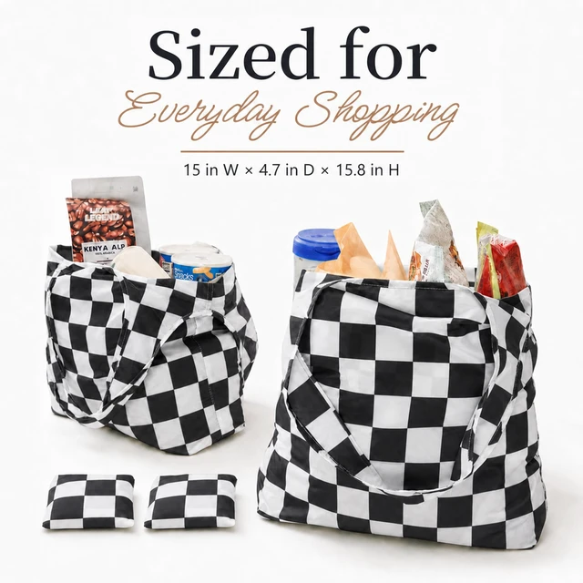 Alt view image 2 of 7 - 4 Packs Checkered Reuasble Grocery Shopping Bags, Black White | Foldable, Large Size, Cute Aesthetic, Nylon, Durable