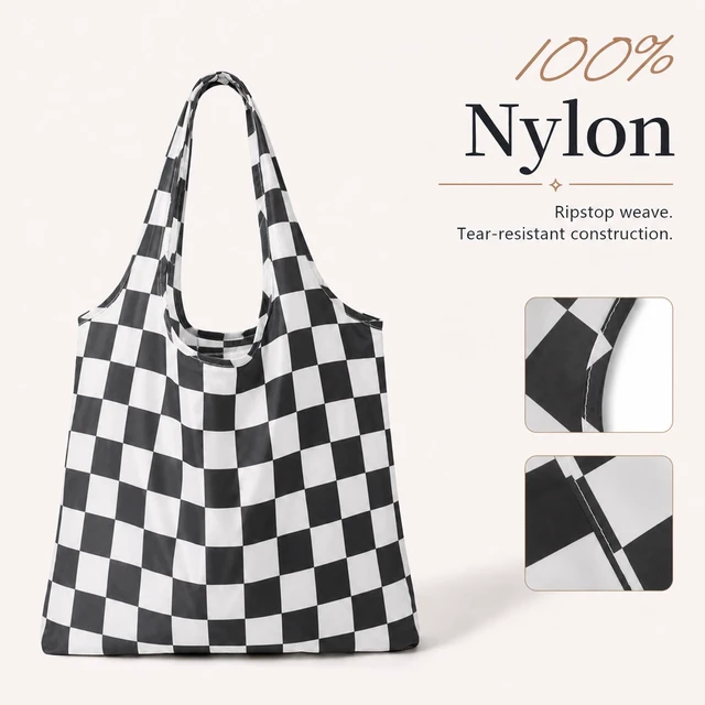 Alt view image 4 of 7 - 4 Packs Checkered Reuasble Grocery Shopping Bags, Black White | Foldable, Large Size, Cute Aesthetic, Nylon, Durable