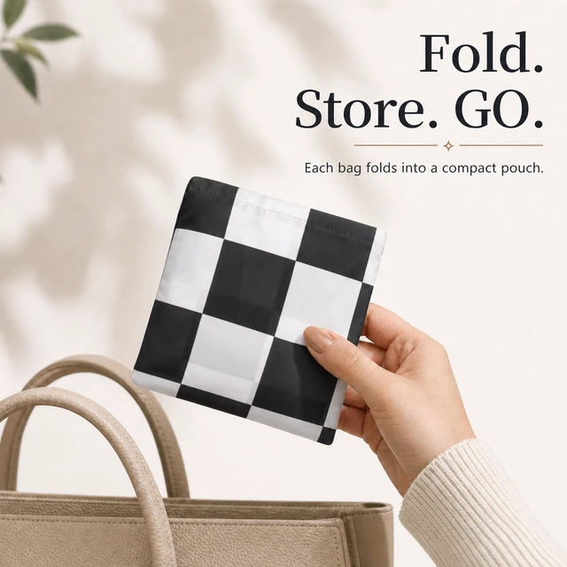 Alt view image 5 of 7 - 4 Packs Checkered Reuasble Grocery Shopping Bags, Black White | Foldable, Large Size, Cute Aesthetic, Nylon, Durable