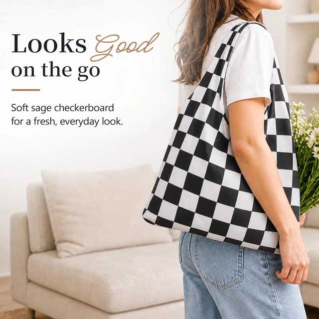 Alt view image 6 of 7 - 4 Packs Checkered Reuasble Grocery Shopping Bags, Black White | Foldable, Large Size, Cute Aesthetic, Nylon, Durable
