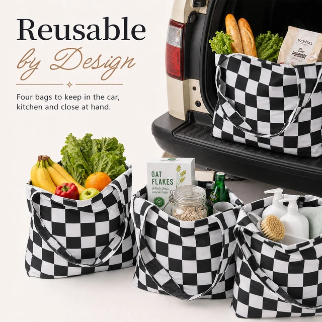 Alt view image 7 of 7 - 4 Packs Checkered Reuasble Grocery Shopping Bags, Black White | Foldable, Large Size, Cute Aesthetic, Nylon, Durable
