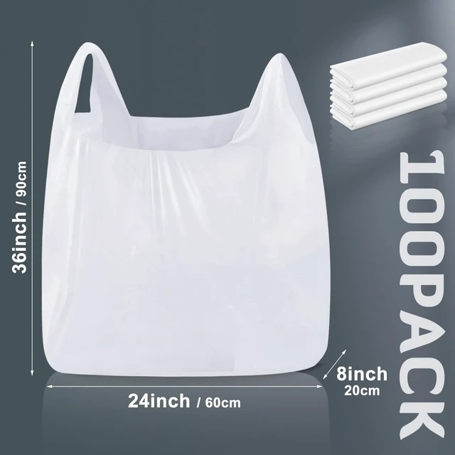 Alt view image 4 of 7 - 100 Pack Extra Large Shopping Bags, 36'' x 24'' x 8'' | White Plastic Reusable Heavy Duty T-Shirt Bags with Handles for Small Business Merchandise Grocery Retail Packing Gift & Food