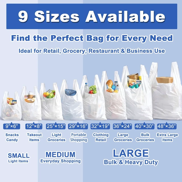 Alt view image 5 of 7 - 100 Pack Extra Large Shopping Bags, 36'' x 24'' x 8'' | White Plastic Reusable Heavy Duty T-Shirt Bags with Handles for Small Business Merchandise Grocery Retail Packing Gift & Food