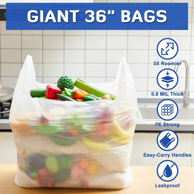 Alt view image 6 of 7 - 100 Pack Extra Large Shopping Bags, 36'' x 24'' x 8'' | White Plastic Reusable Heavy Duty T-Shirt Bags with Handles for Small Business Merchandise Grocery Retail Packing Gift & Food