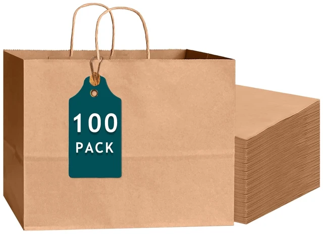Main image of 100-Pack Wide Large Size Paper Bags With Handles Bulk 12.6"x4.3"x10" Brown Party Kraft Shopping Bags