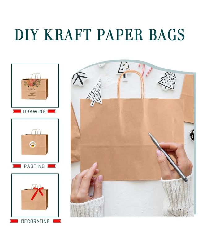 Alt view image 3 of 7 - 100-Pack Wide Large Size Paper Bags With Handles Bulk 12.6"x4.3"x10" Brown Party Kraft Shopping Bags