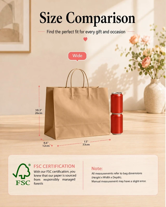 Alt view image 2 of 7 - 100-Pack Wide Large Size Paper Bags With Handles Bulk 12.6"x4.3"x10" Brown Party Kraft Shopping Bags
