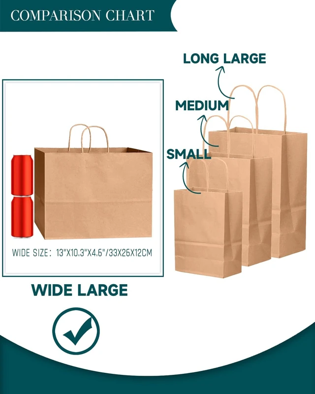 Alt view image 4 of 7 - 100-Pack Wide Large Size Paper Bags With Handles Bulk 12.6"x4.3"x10" Brown Party Kraft Shopping Bags