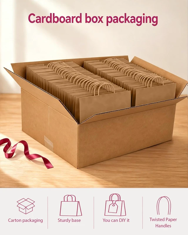 Alt view image 5 of 7 - 100-Pack Wide Large Size Paper Bags With Handles Bulk 12.6"x4.3"x10" Brown Party Kraft Shopping Bags