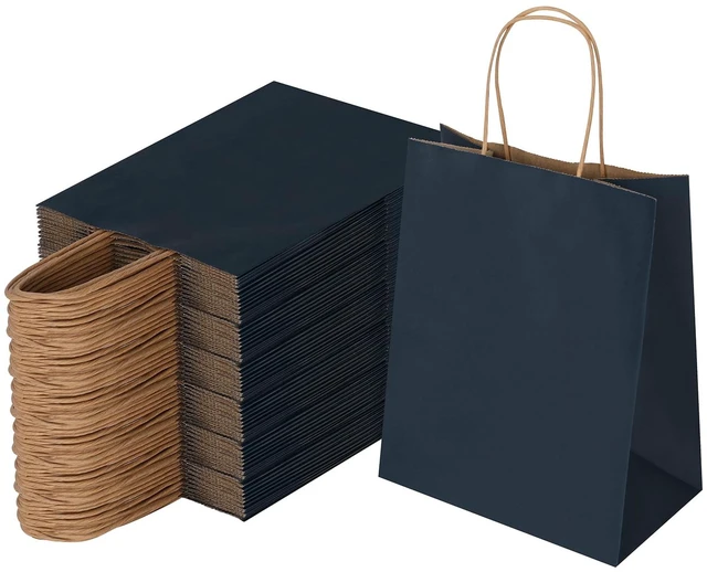 Main image of 100 Pack 8x4.75x10 Inch Medium Navy Blue Kraft Paper Bags with Handles Bulk, Craft Paper Gift Bags for Party Favors Retail Shopping Business Goody Merchandise Take Out Blank Sacks (100pcs)