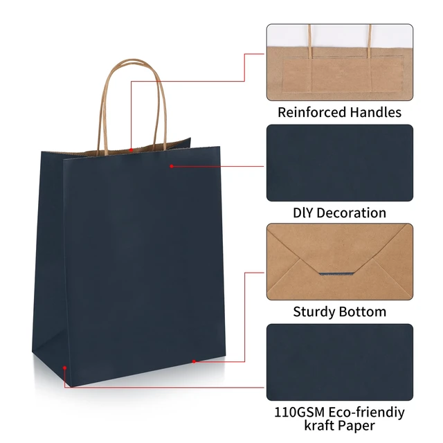 Alt view image 3 of 7 - 100 Pack 8x4.75x10 Inch Medium Navy Blue Kraft Paper Bags with Handles Bulk, Craft Paper Gift Bags for Party Favors Retail Shopping Business Goody Merchandise Take Out Blank Sacks (100pcs)