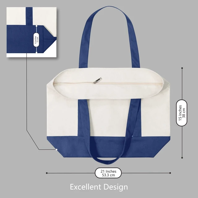 Alt view image 5 of 6 - 3-Pack Canvas Tote Bags with an External Pocket, Reusable Grocery Shopping Bags, Top Zipper Closure, Daily Essentials (Blue/Natural)
