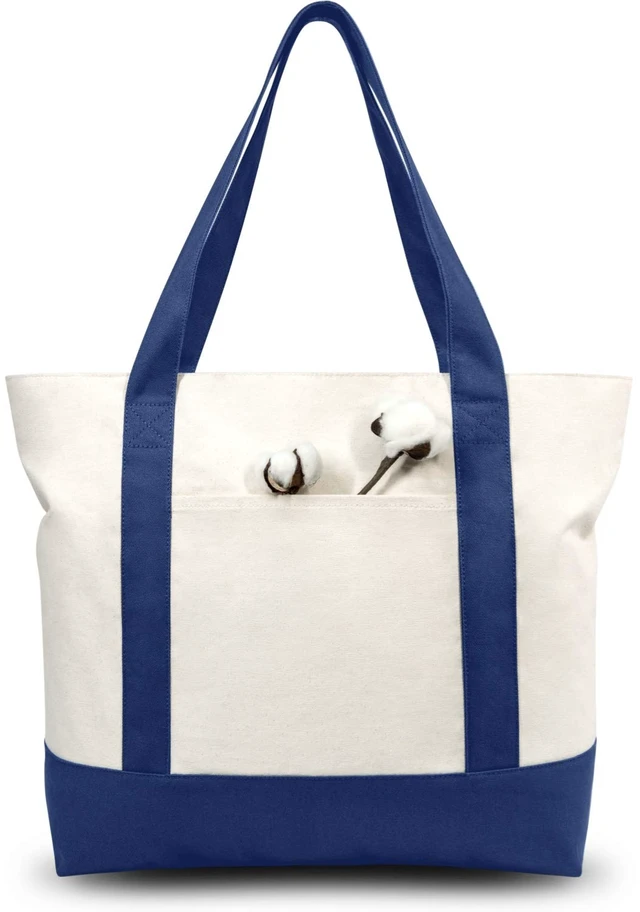 Main image of 3-Pack Canvas Tote Bags with an External Pocket, Reusable Grocery Shopping Bags, Top Zipper Closure, Daily Essentials (Blue/Natural)