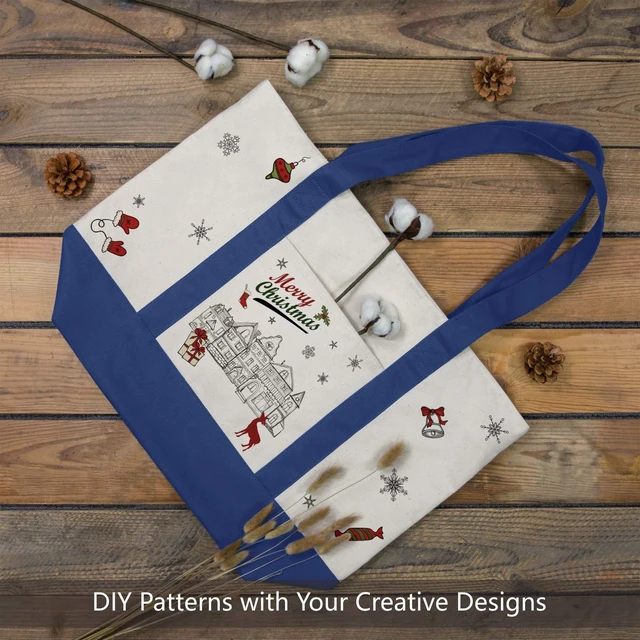 Alt view image 3 of 6 - 3-Pack Canvas Tote Bags with an External Pocket, Reusable Grocery Shopping Bags, Top Zipper Closure, Daily Essentials (Blue/Natural)