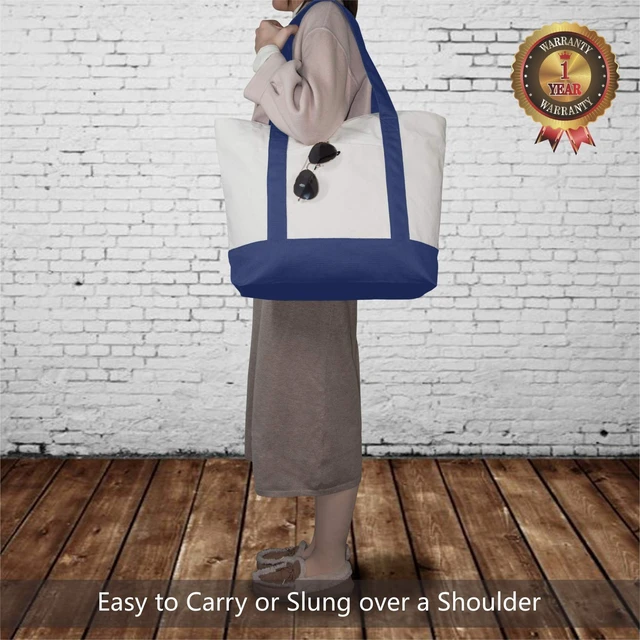 Alt view image 2 of 6 - 3-Pack Canvas Tote Bags with an External Pocket, Reusable Grocery Shopping Bags, Top Zipper Closure, Daily Essentials (Blue/Natural)