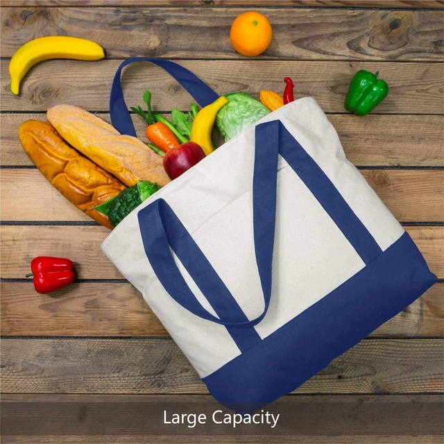 Alt view image 4 of 6 - 3-Pack Canvas Tote Bags with an External Pocket, Reusable Grocery Shopping Bags, Top Zipper Closure, Daily Essentials (Blue/Natural)