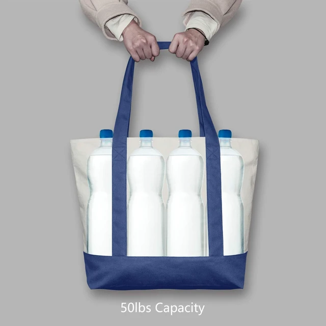 Alt view image 6 of 6 - 3-Pack Canvas Tote Bags with an External Pocket, Reusable Grocery Shopping Bags, Top Zipper Closure, Daily Essentials (Blue/Natural)