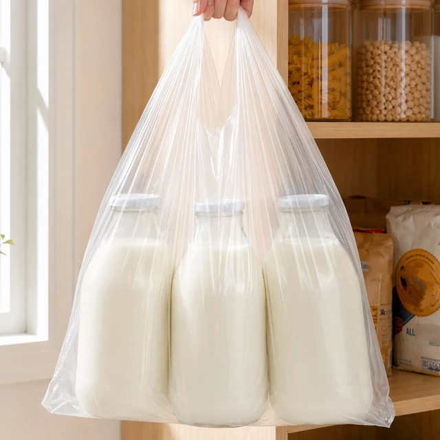 Alt view image 2 of 7 - 500 Pcs Clear T Shirt Shopping Bag, 12''W x 18''H | Grocery Plastic Bags with Handles, Large Restaurant Carry out Retail Bags for Small Business, Supermarket, Restaurant