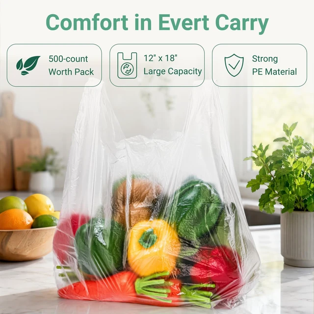 Alt view image 4 of 7 - 500 Pcs Clear T Shirt Shopping Bag, 12''W x 18''H | Grocery Plastic Bags with Handles, Large Restaurant Carry out Retail Bags for Small Business, Supermarket, Restaurant