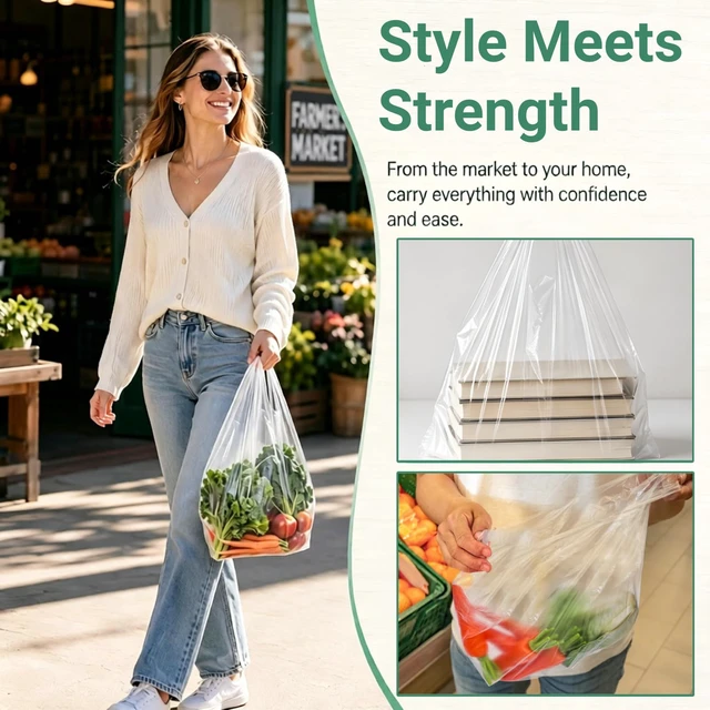 Alt view image 7 of 7 - 500 Pcs Clear T Shirt Shopping Bag, 12''W x 18''H | Grocery Plastic Bags with Handles, Large Restaurant Carry out Retail Bags for Small Business, Supermarket, Restaurant