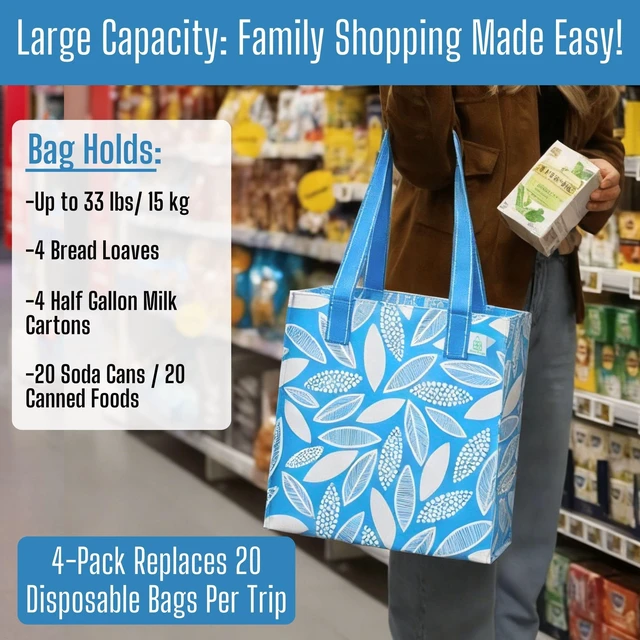 Alt view image 4 of 7 - 4 Pack Compact Reusable Grocery Shopping Bags with Hard Bottom | Medium Heavy Duty Utility Tote with Long Handles, Foldable, Stand Upright, for Groceries Shopping Cart(Spring Breeze, 4 Pack)