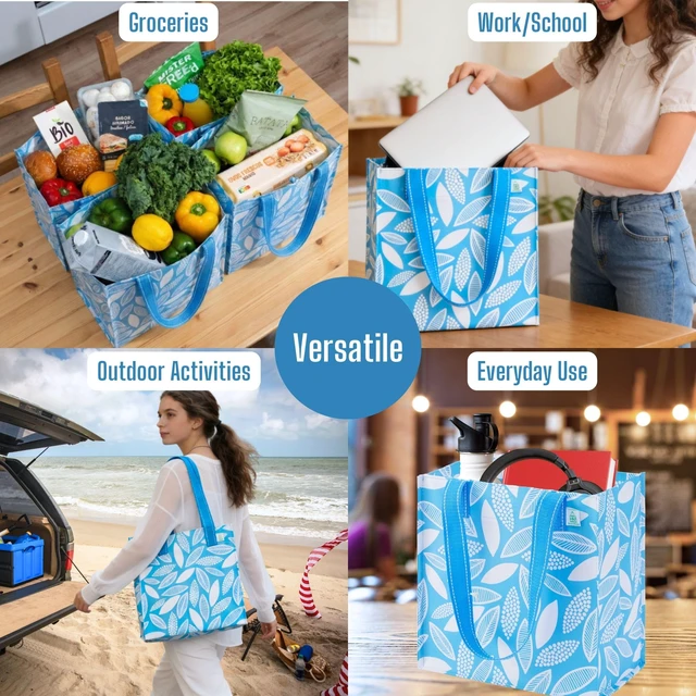 Alt view image 5 of 7 - 4 Pack Compact Reusable Grocery Shopping Bags with Hard Bottom | Medium Heavy Duty Utility Tote with Long Handles, Foldable, Stand Upright, for Groceries Shopping Cart(Spring Breeze, 4 Pack)