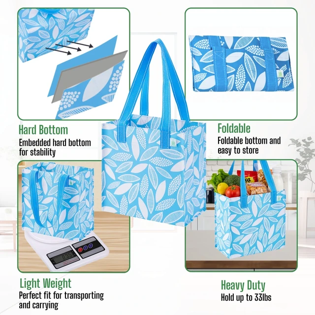 Alt view image 3 of 7 - 4 Pack Compact Reusable Grocery Shopping Bags with Hard Bottom | Medium Heavy Duty Utility Tote with Long Handles, Foldable, Stand Upright, for Groceries Shopping Cart(Spring Breeze, 4 Pack)