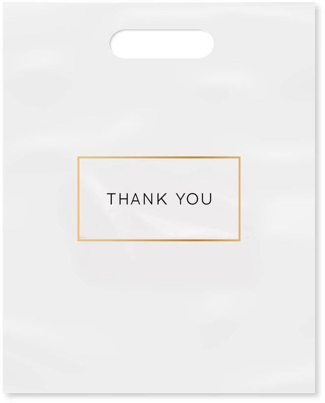 Main image of 100 Pack Die Cut White Thank You Plastic Shopping Bags, 12" x 15" with Handles