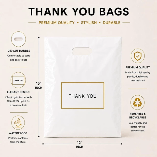 Alt view image 2 of 6 - 100 Pack Die Cut White Thank You Plastic Shopping Bags, 12" x 15" with Handles