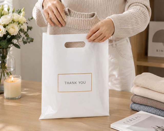 Alt view image 4 of 6 - 100 Pack Die Cut White Thank You Plastic Shopping Bags, 12" x 15" with Handles
