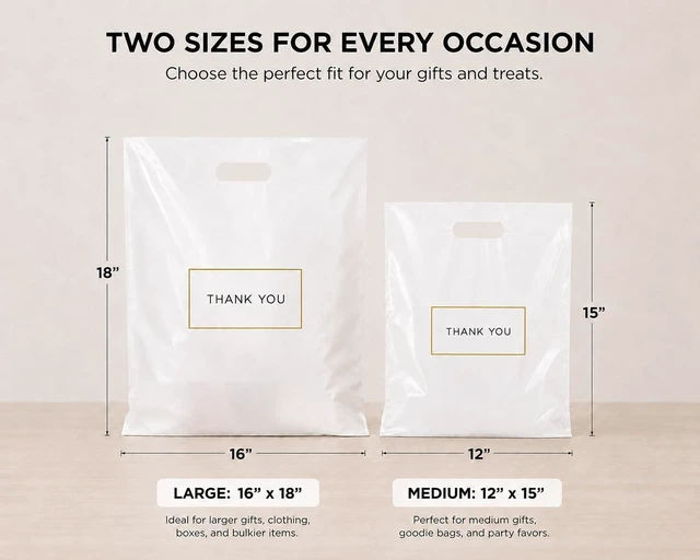 Alt view image 7 of 7 - White Plastic Shopping Bags with Handles, Thank You Boutique Retail Bags, Large 16" x 18", 100 Pack for Merchandise, Gifts, Small Business & Trade Shows