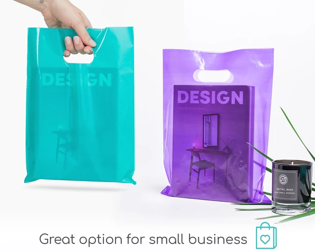 Alt view image 3 of 7 - 200 Teal And Purple Plastic Bags 9x12 Merchandise Bags | Glossy Two-Color Carry Bags. Easy-Hold Handles. Ideal For Party Favors, Vendor Events, Craft Fairs And Boutique Orders.