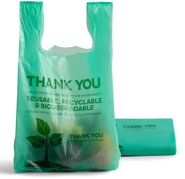 Main image of Eco Biodegradable Plastic Grocery Bags - 100 Count with Handles, Thank You T-Shirt Shopping Bags Bulk for Small Business, Restaurant, Groceries, Supermarket