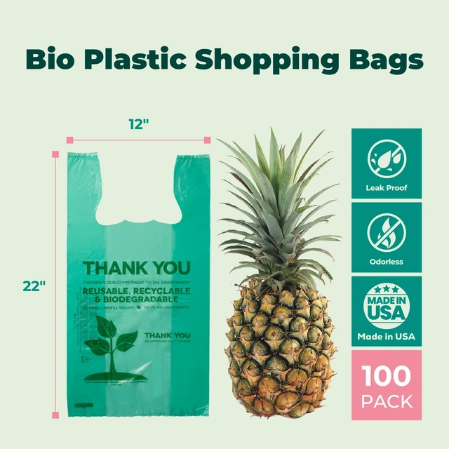 Alt view image 2 of 7 - Eco Biodegradable Plastic Grocery Bags - 100 Count with Handles, Thank You T-Shirt Shopping Bags Bulk for Small Business, Restaurant, Groceries, Supermarket