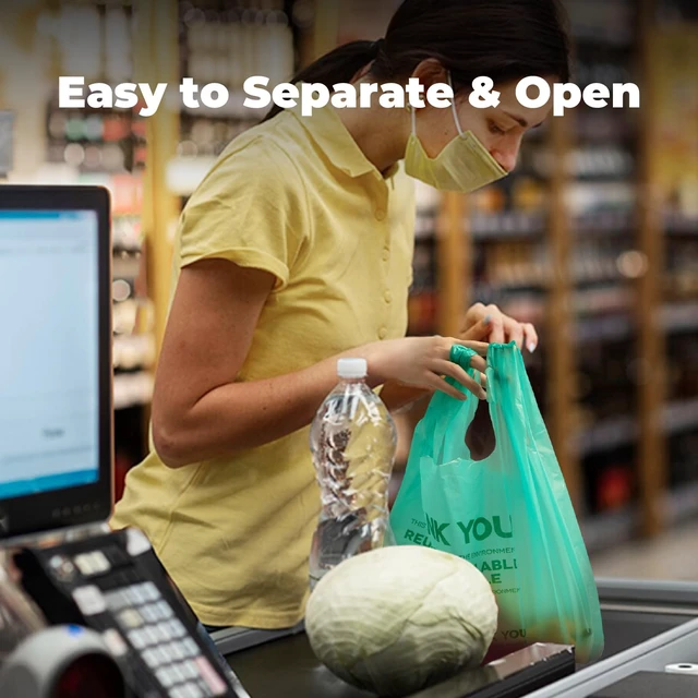 Alt view image 5 of 7 - Eco Biodegradable Plastic Grocery Bags - 100 Count with Handles, Thank You T-Shirt Shopping Bags Bulk for Small Business, Restaurant, Groceries, Supermarket